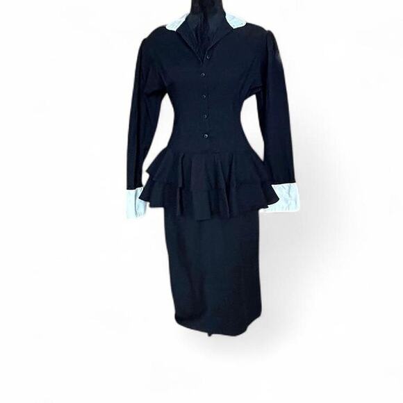 Vintage Gunne Sax Black Peplum Dress White Cuffs Collar Secretary Style Size 9 - Picture 2 of 8